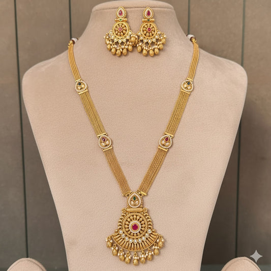 Exquisite Gold Plated Lakshmi Kasumala Necklace Set with Ruby & Emerald - Traditional Indian Jewelry