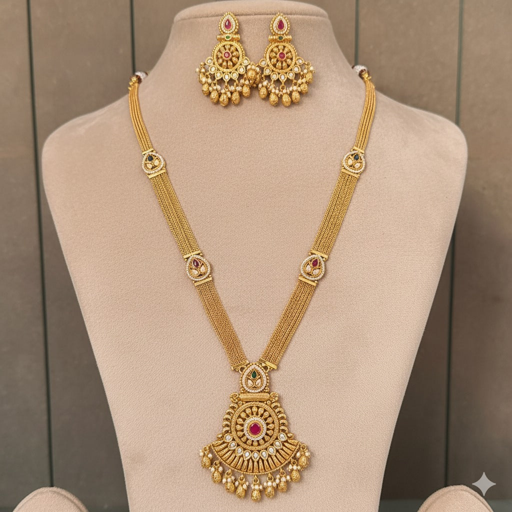 Exquisite Gold Plated Lakshmi Kasumala Necklace Set with Ruby & Emerald - Traditional Indian Jewelry