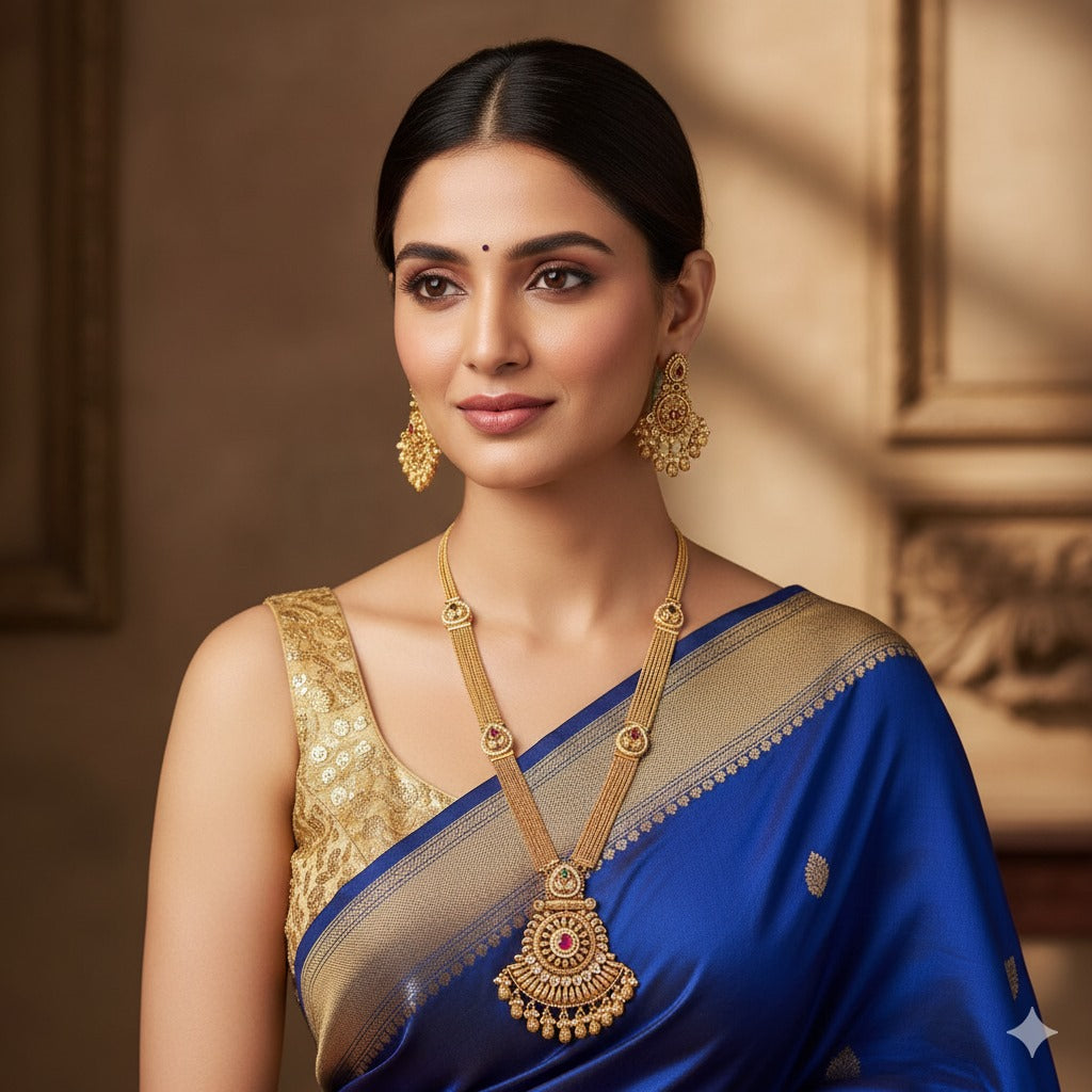 Exquisite Gold Plated Lakshmi Kasumala Necklace Set with Ruby & Emerald - Traditional Indian Jewelry