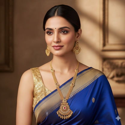 Exquisite Gold Plated Lakshmi Kasumala Necklace Set with Ruby & Emerald - Traditional Indian Jewelry