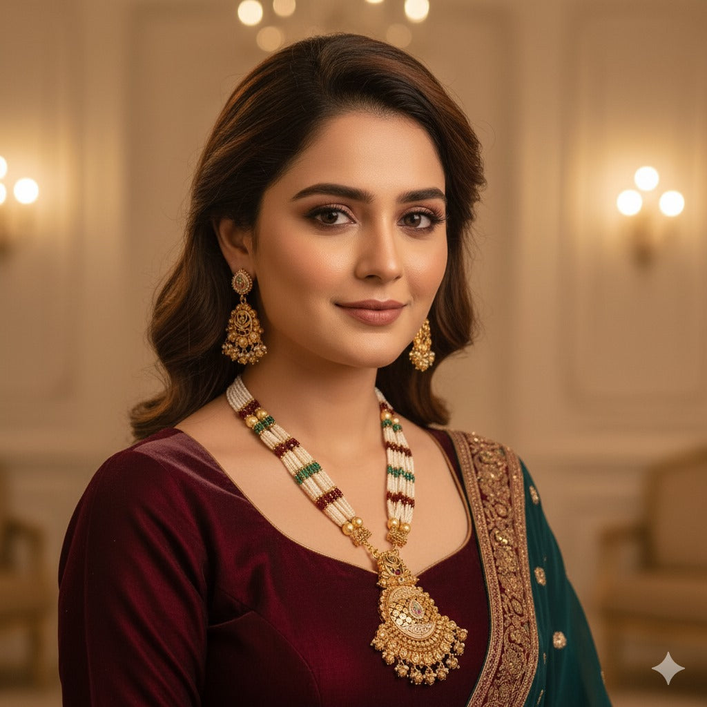 Traditional Indian Pearl & Gold Plated Necklace Set - Ethnic Bridal Jewelry