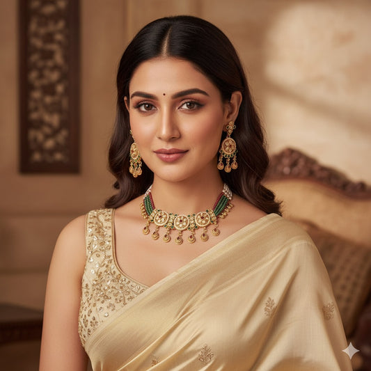 Exquisite Gold Plated Kundan & Pearl Choker Necklace Set with Earrings