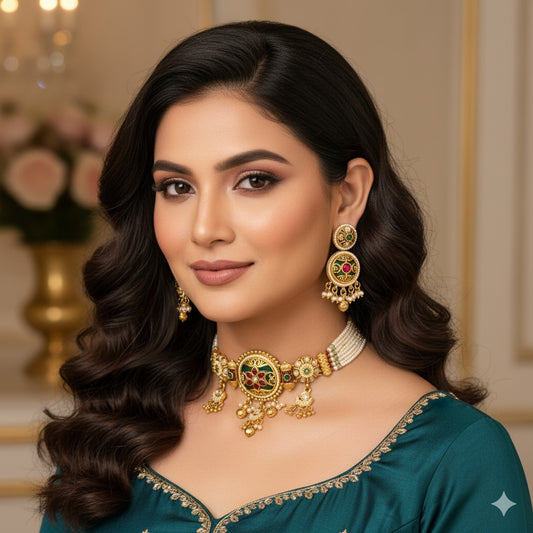 Ornate Gold Plated Choker Necklace & Earring Set - Kundan & Pearl Traditional Jewelry