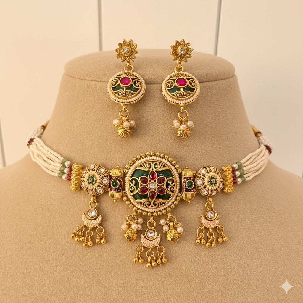 Ornate Gold Plated Choker Necklace & Earring Set - Kundan & Pearl Traditional Jewelry