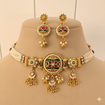 Ornate Gold Plated Choker Necklace & Earring Set - Kundan & Pearl Traditional Jewelry