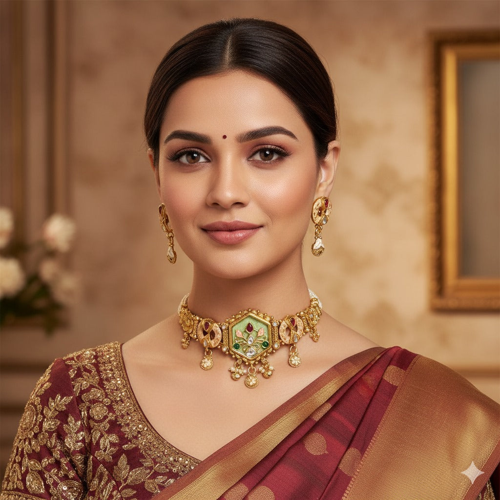 Traditional Gold-Plated Kundan Choker Necklace Set with Emerald & Ruby Accents