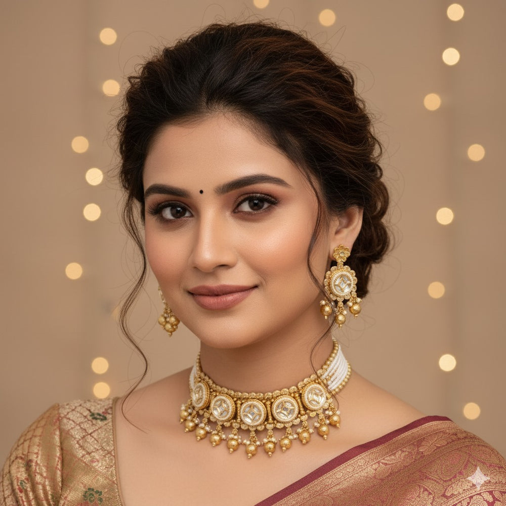 KUNDAN CHOKER NECKLACE SET - ELEGANT INDIAN JEWELRY WITH EARRINGS