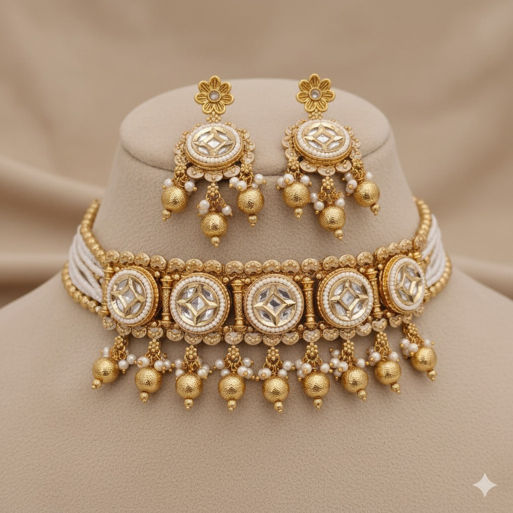 KUNDAN CHOKER NECKLACE SET - ELEGANT INDIAN JEWELRY WITH EARRINGS