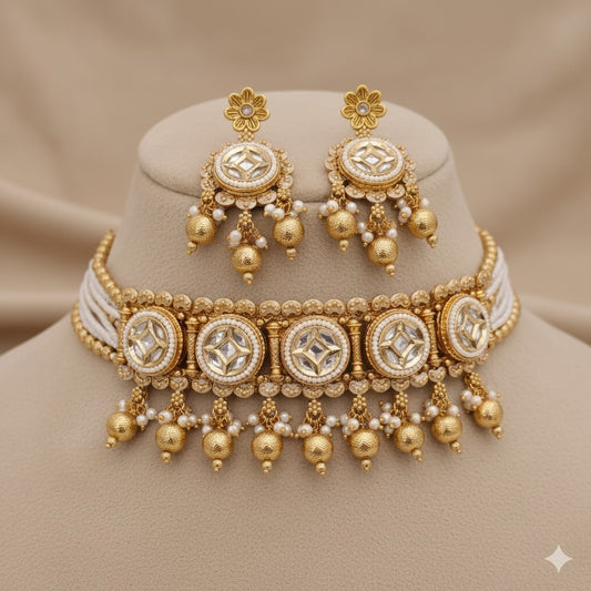 KUNDAN CHOKER NECKLACE SET - ELEGANT INDIAN JEWELRY WITH EARRINGS