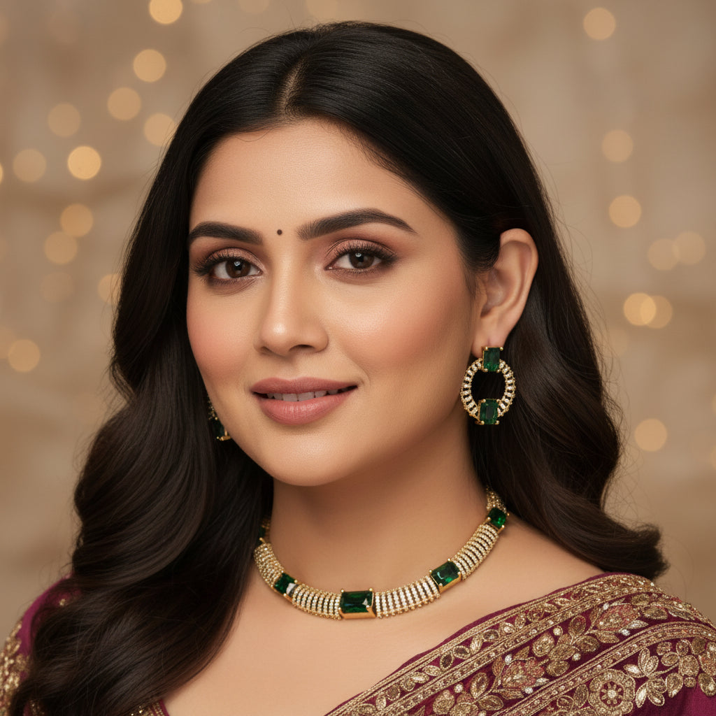 Emerald Green & Diamond Gold-Plated Choker Necklace Set - Women's Fashion Jewelry