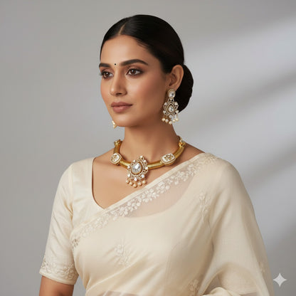 Gold-Plated Kundan Choker Necklace Set with Pearl Drops & Matching Earrings