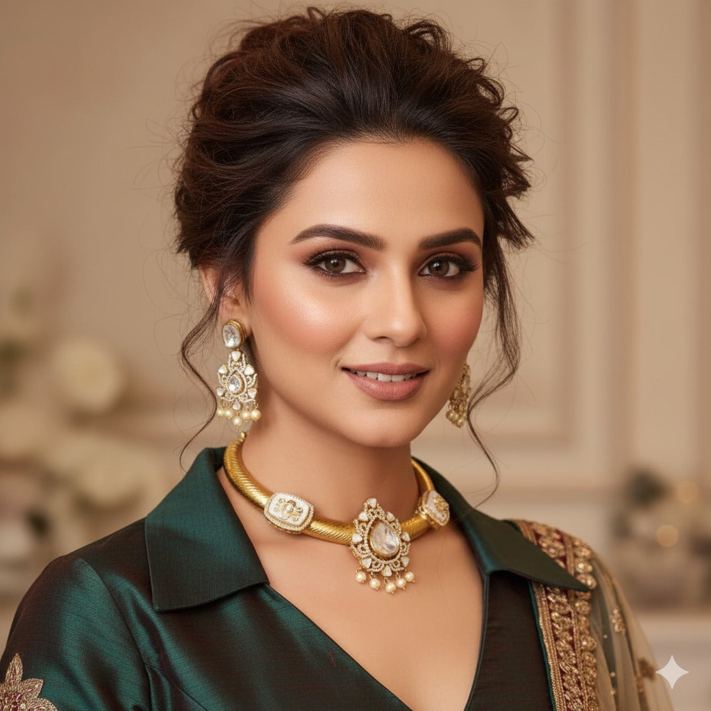 Gold-Plated Kundan Choker Necklace Set with Pearl Drops & Matching Earrings