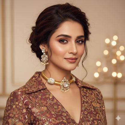 Gold-Plated Kundan Choker Necklace Set with Pearl Drops & Matching Earrings