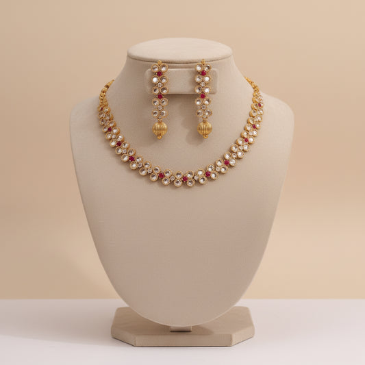 Ruby & Diamond Cluster Gold-Plated Necklace Set - Traditional Indian Jewelry