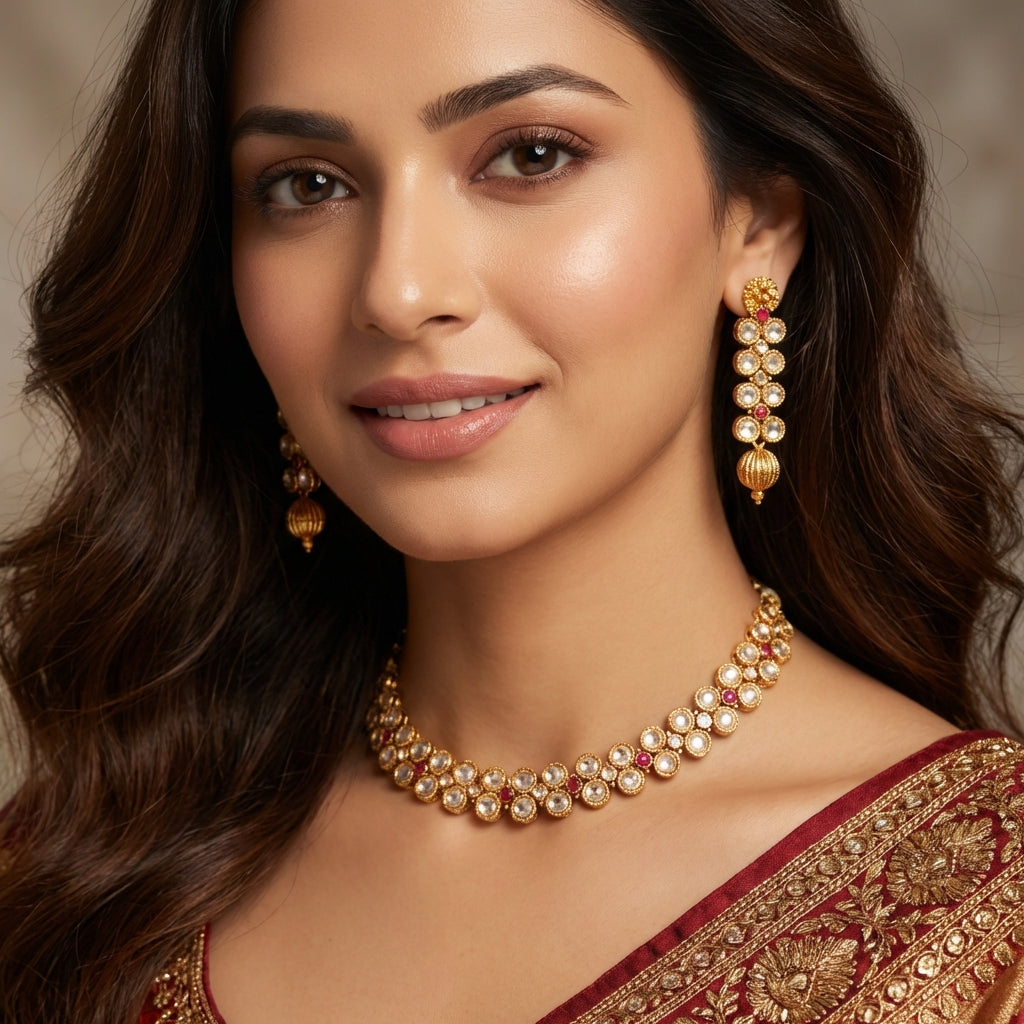 Ruby & Diamond Cluster Gold-Plated Necklace Set - Traditional Indian Jewelry