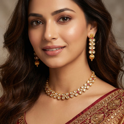 Ruby & Diamond Cluster Gold-Plated Necklace Set - Traditional Indian Jewelry