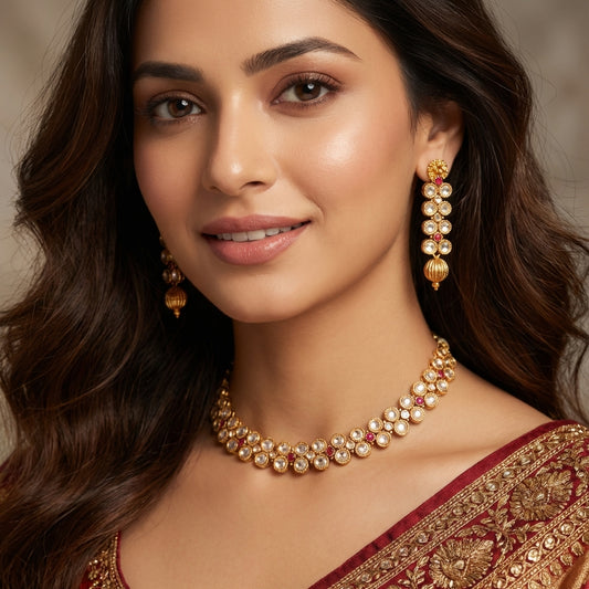 Ruby & Diamond Cluster Gold-Plated Necklace Set - Traditional Indian Jewelry