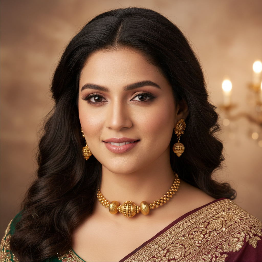 Traditional Gold Plated Beaded Necklace Set with Matching Earrings - Ethnic Indian Jewelry