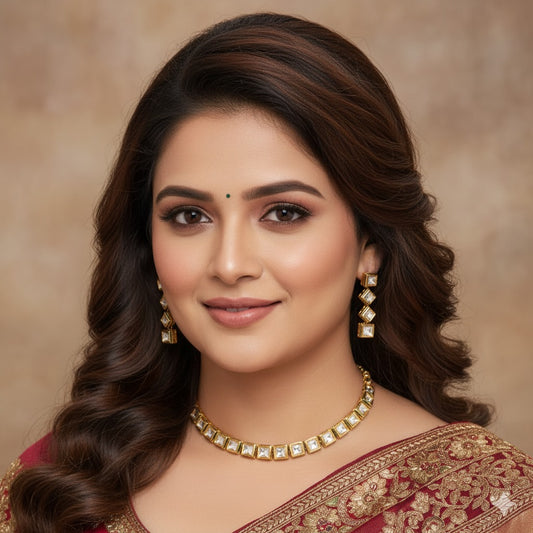 Elegant Square Cut Stone Choker Necklace & Earring Set - Gold Plated Indian Jewelry