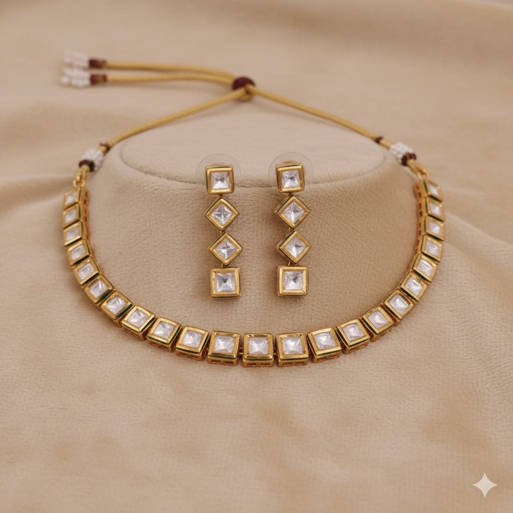Elegant Square Cut Stone Choker Necklace & Earring Set - Gold Plated Indian Jewelry