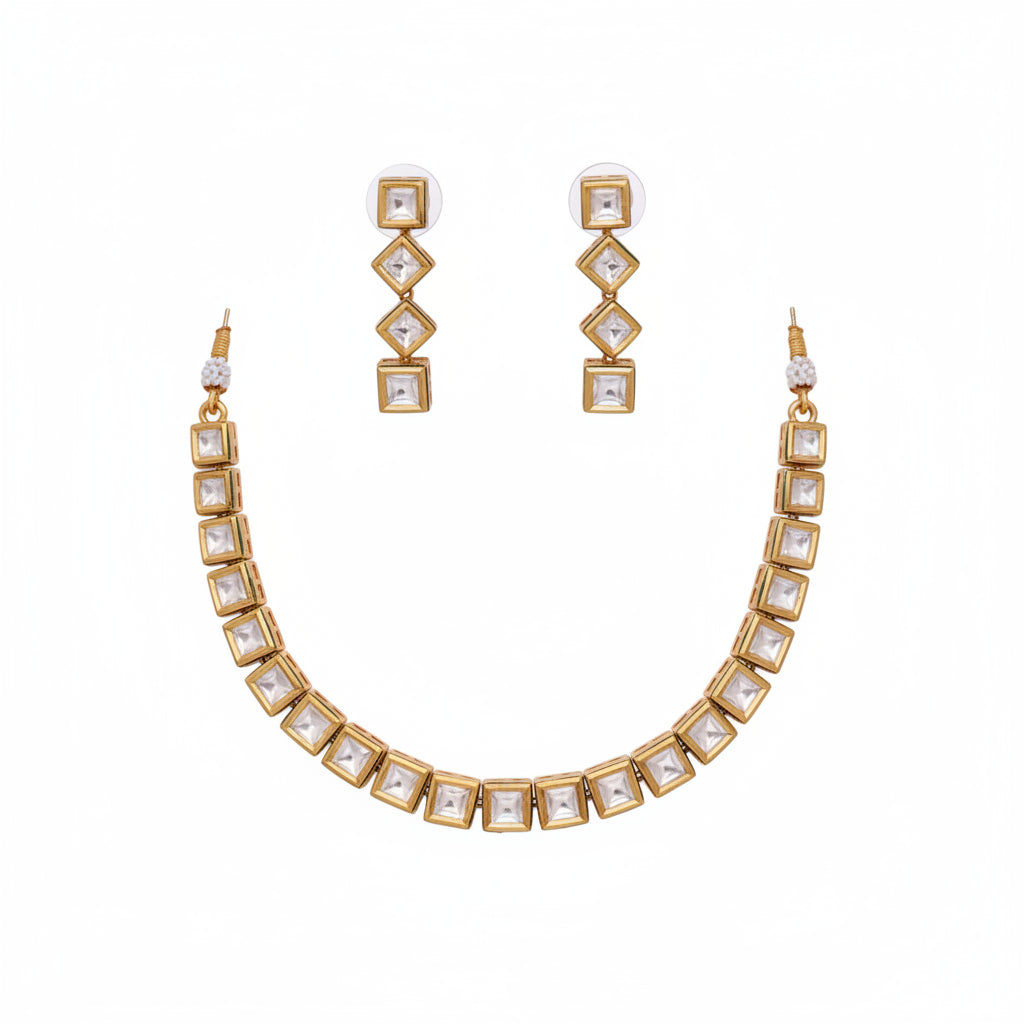 Elegant Square Cut Stone Choker Necklace & Earring Set - Gold Plated Indian Jewelry