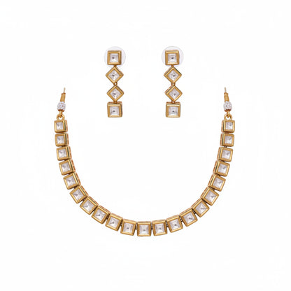 Elegant Square Cut Stone Choker Necklace & Earring Set - Gold Plated Indian Jewelry