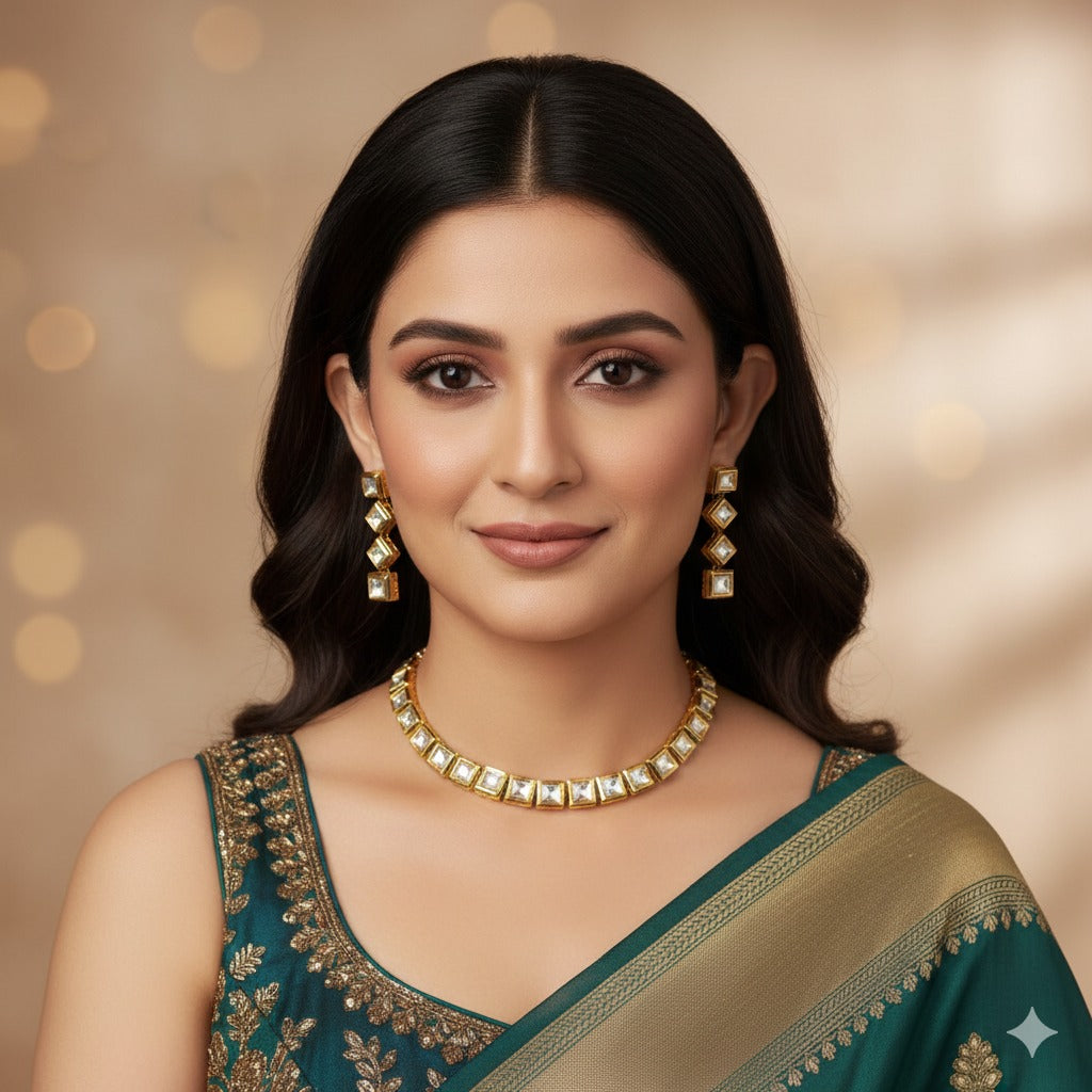 Elegant Square Cut Stone Choker Necklace & Earring Set - Gold Plated Indian Jewelry