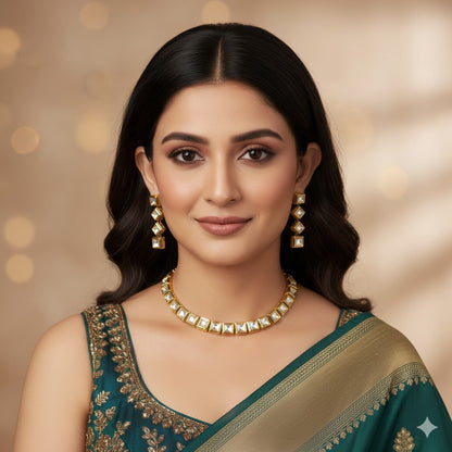 Elegant Square Cut Stone Choker Necklace & Earring Set - Gold Plated Indian Jewelry