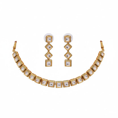 Elegant Square Cut Stone Choker Necklace & Earring Set - Gold Plated Indian Jewelry