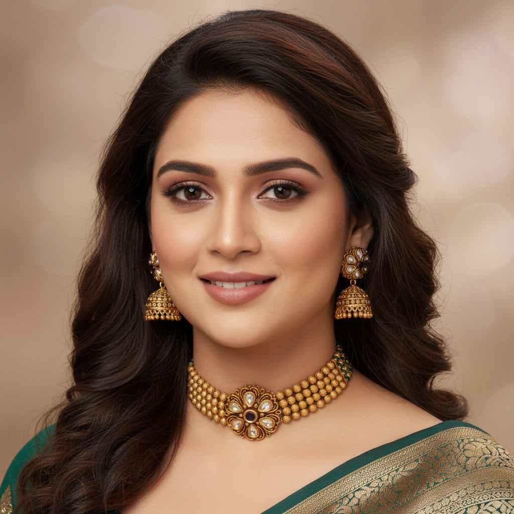 Antique Gold Plated Choker Necklace Set with Jhumka Earrings | Traditional Indian Jewelry