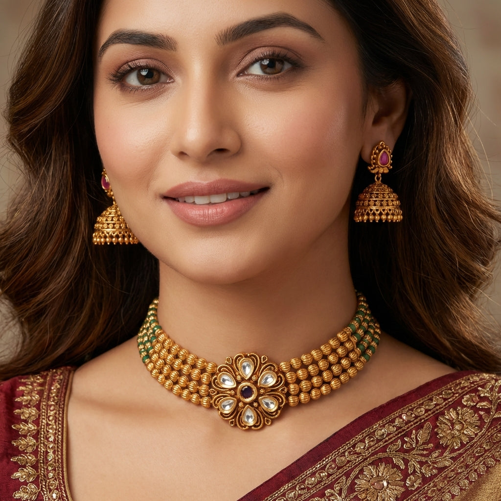 Antique Gold Plated Choker Necklace Set with Jhumka Earrings | Traditional Indian Jewelry