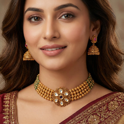 Antique Gold Plated Choker Necklace Set with Jhumka Earrings | Traditional Indian Jewelry