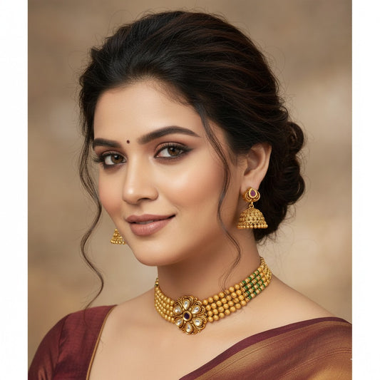 Antique Gold Plated Choker Necklace Set with Jhumka Earrings | Traditional Indian Jewelry