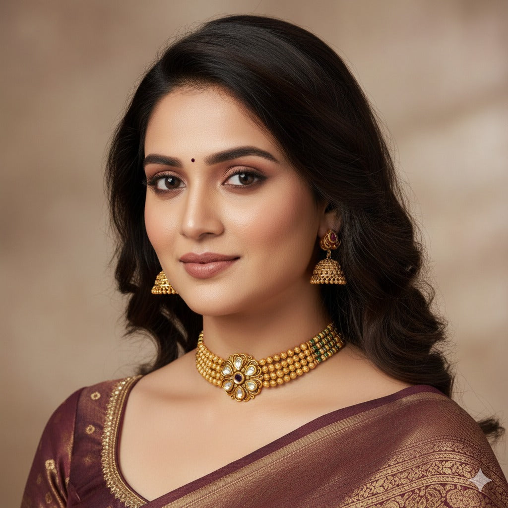 Antique Gold Plated Choker Necklace Set with Jhumka Earrings | Traditional Indian Jewelry