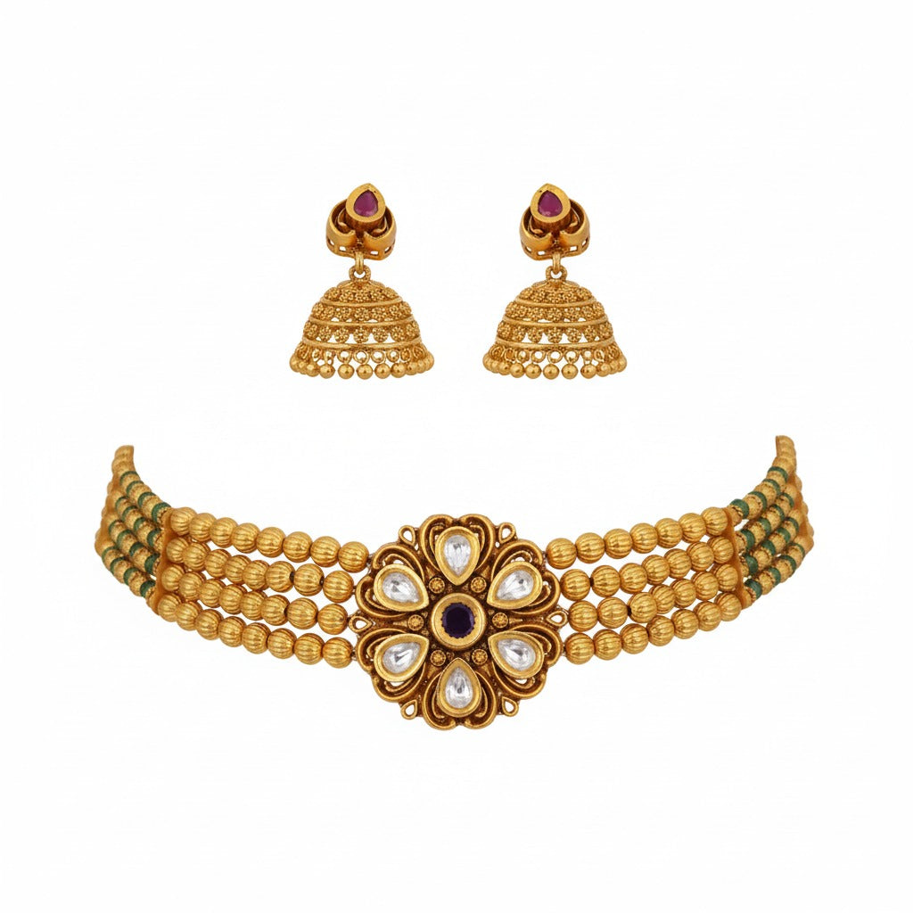 Antique Gold Plated Choker Necklace Set with Jhumka Earrings | Traditional Indian Jewelry