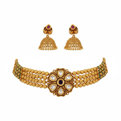 Antique Gold Plated Choker Necklace Set with Jhumka Earrings | Traditional Indian Jewelry