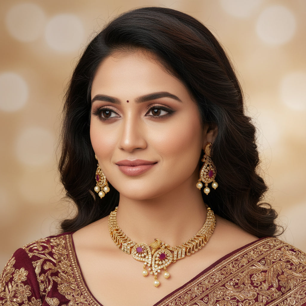 Elegant Gold Plated Ruby & Pearl Peacock Necklace Set - Traditional Indian Jewelry