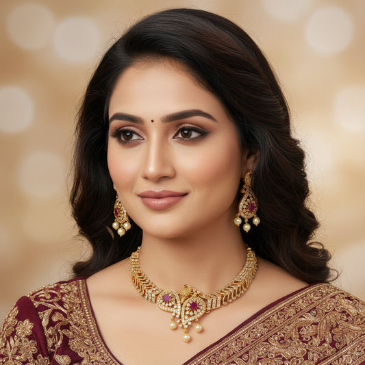 Elegant Gold Plated Ruby & Pearl Peacock Necklace Set - Traditional Indian Jewelry