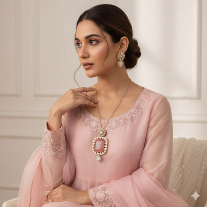 Exquisite Gold-Plated Ruby Pendant Set with Kundan & Pearl Accents - Traditional Indian Jewelry