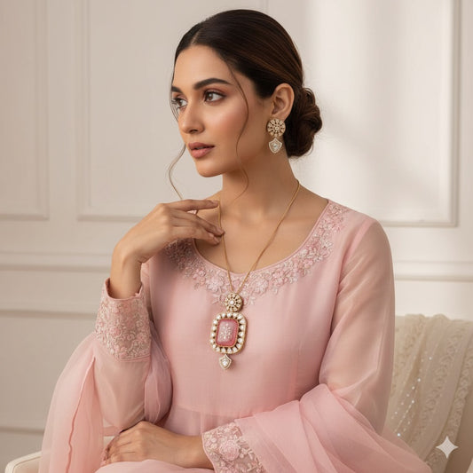 Exquisite Gold-Plated Ruby Pendant Set with Kundan & Pearl Accents - Traditional Indian Jewelry