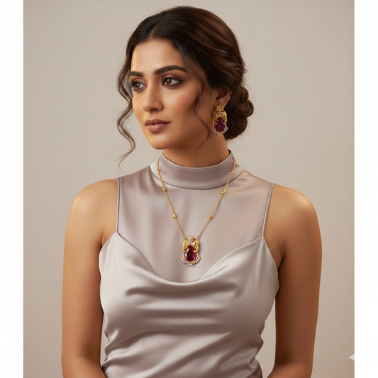 Elegant Ruby & Gold Plated Lakshmi Motif Necklace Set - Perfect for Weddings & Festive Occasions
