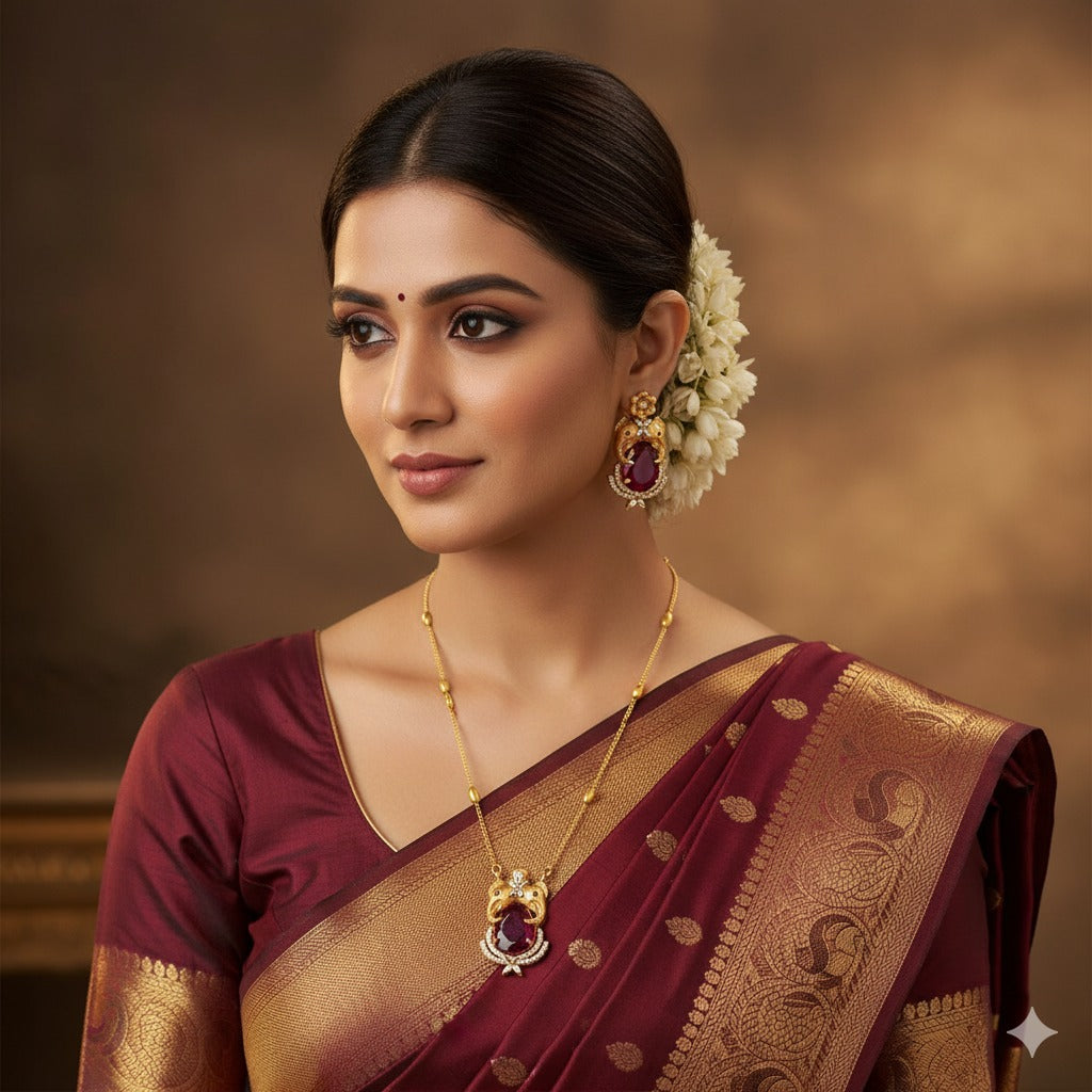 Elegant Ruby & Gold Plated Lakshmi Motif Necklace Set - Perfect for Weddings & Festive Occasions