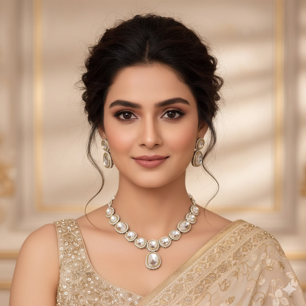 Exquisite Polki Diamond & Pearl Necklace Set with Earrings | Indian Bridal & Festive Jewelry