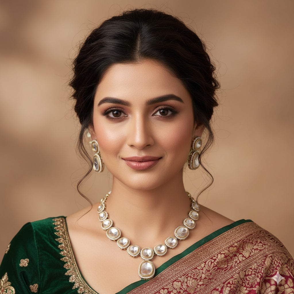 Exquisite Polki Diamond & Pearl Necklace Set with Earrings | Indian Bridal & Festive Jewelry