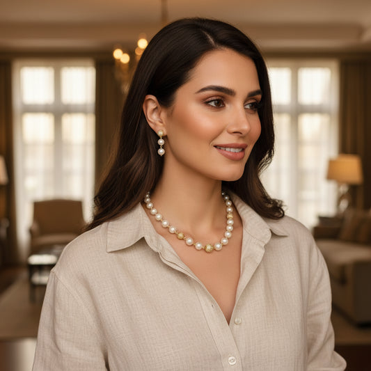 Elegant Pearl & Gold Beaded Necklace Set with Dazzling Earrings