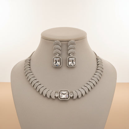 Exquisite Silver-Toned American Diamond Necklace & Earring Set | Bridal & Party Wear