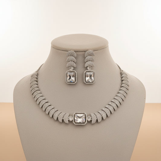 Exquisite Silver-Toned American Diamond Necklace & Earring Set | Bridal & Party Wear