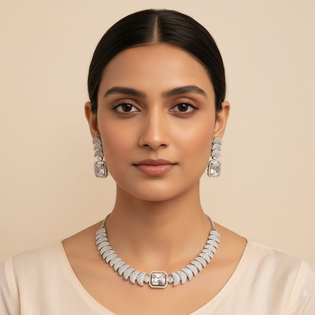 Exquisite Silver-Toned American Diamond Necklace & Earring Set | Bridal & Party Wear