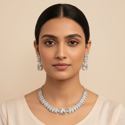Exquisite Silver-Toned American Diamond Necklace & Earring Set | Bridal & Party Wear