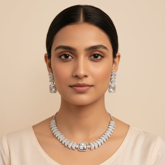 Exquisite Silver-Toned American Diamond Necklace & Earring Set | Bridal & Party Wear